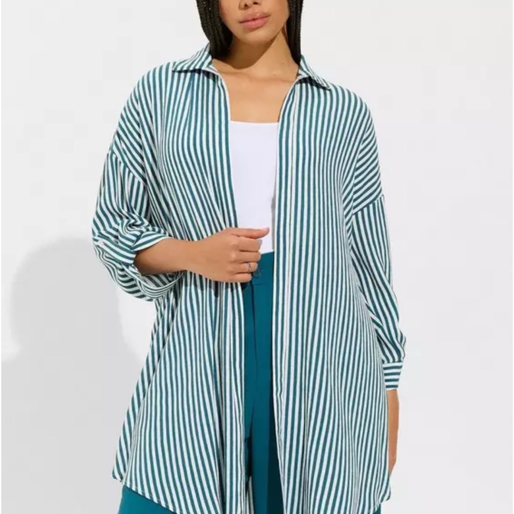 Striped Teal and White Shirt Kimono